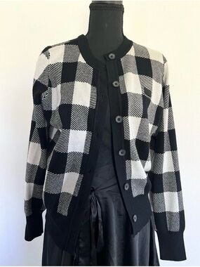 DKNY Black and White Checkered Button-Up Cardigan Sweater